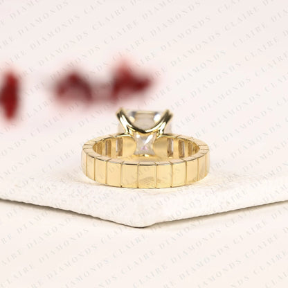 Asscher Cut Lab Diamond Engagement Ring with Baguette Accent Band In Gold.