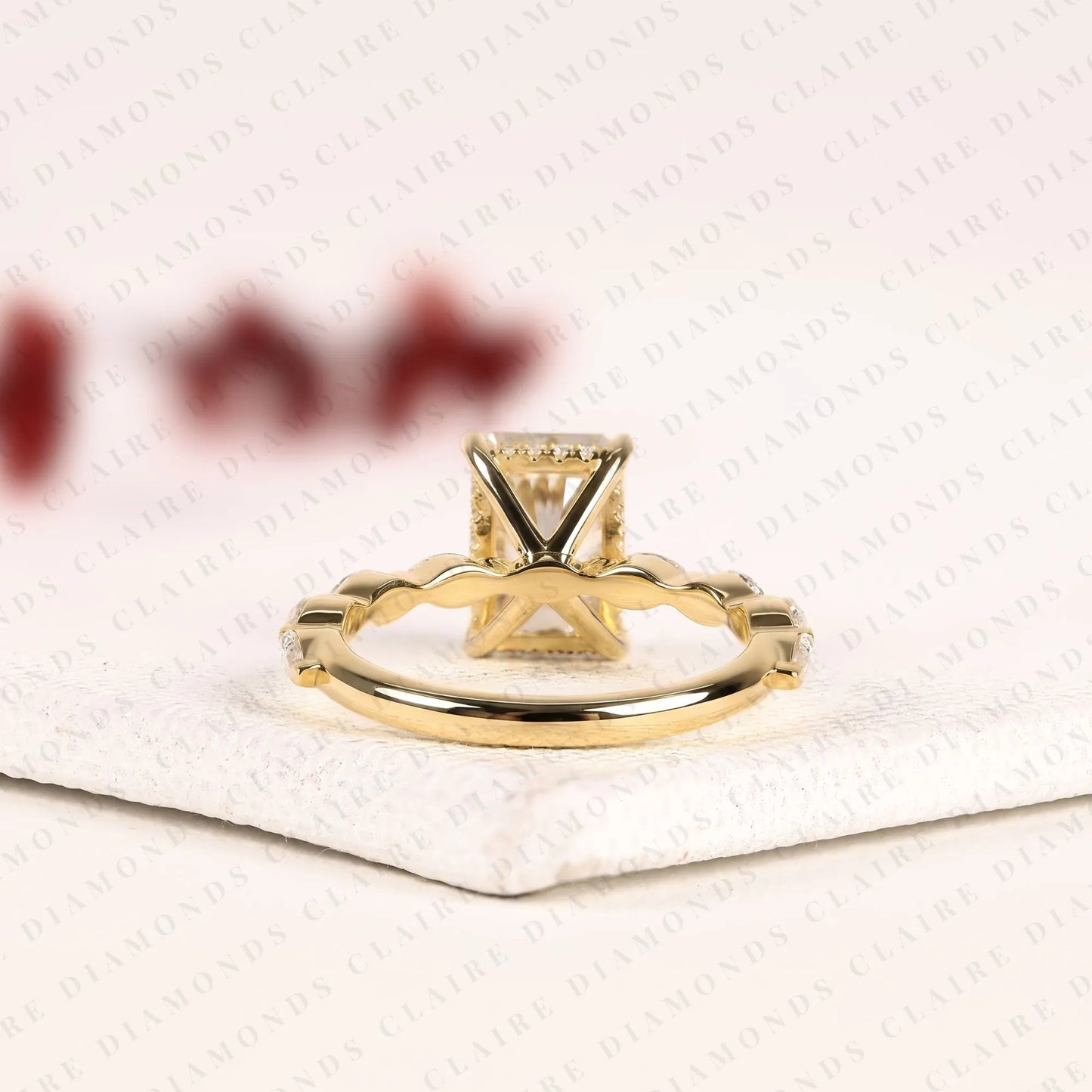 radiant cut lab grown diamond hidden halo engagement ring in yellow gold marquise accent band