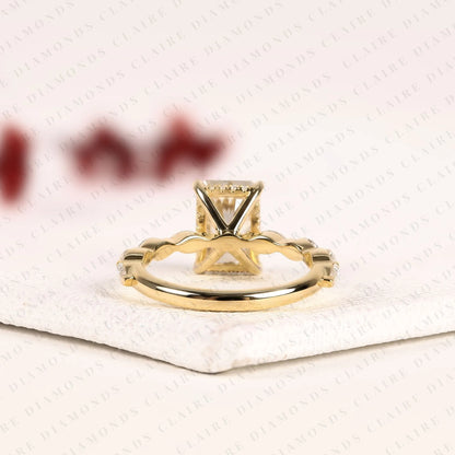 Radiant Cut Lab Grown Diamond Hidden Halo Engagement Ring in Yellow Gold Marquise Accent Band