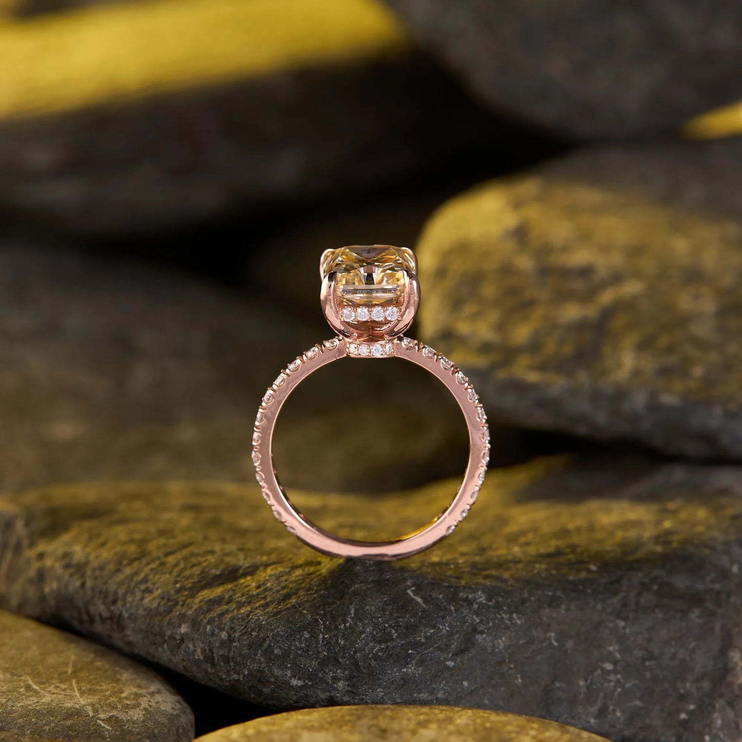 radiant cut champagne lab grown diamond solitaire engagement ring in rose gold with pavé band