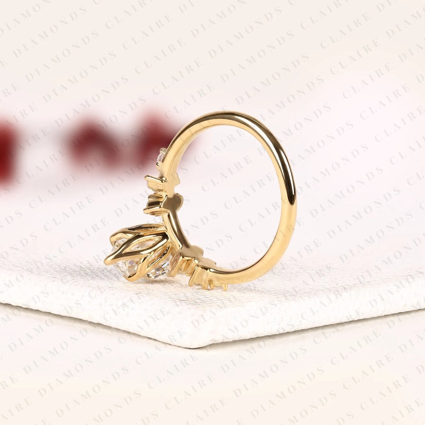 rose marquise cut moissanite diamond engagement ring | yellow gold botanical floral cluster setting