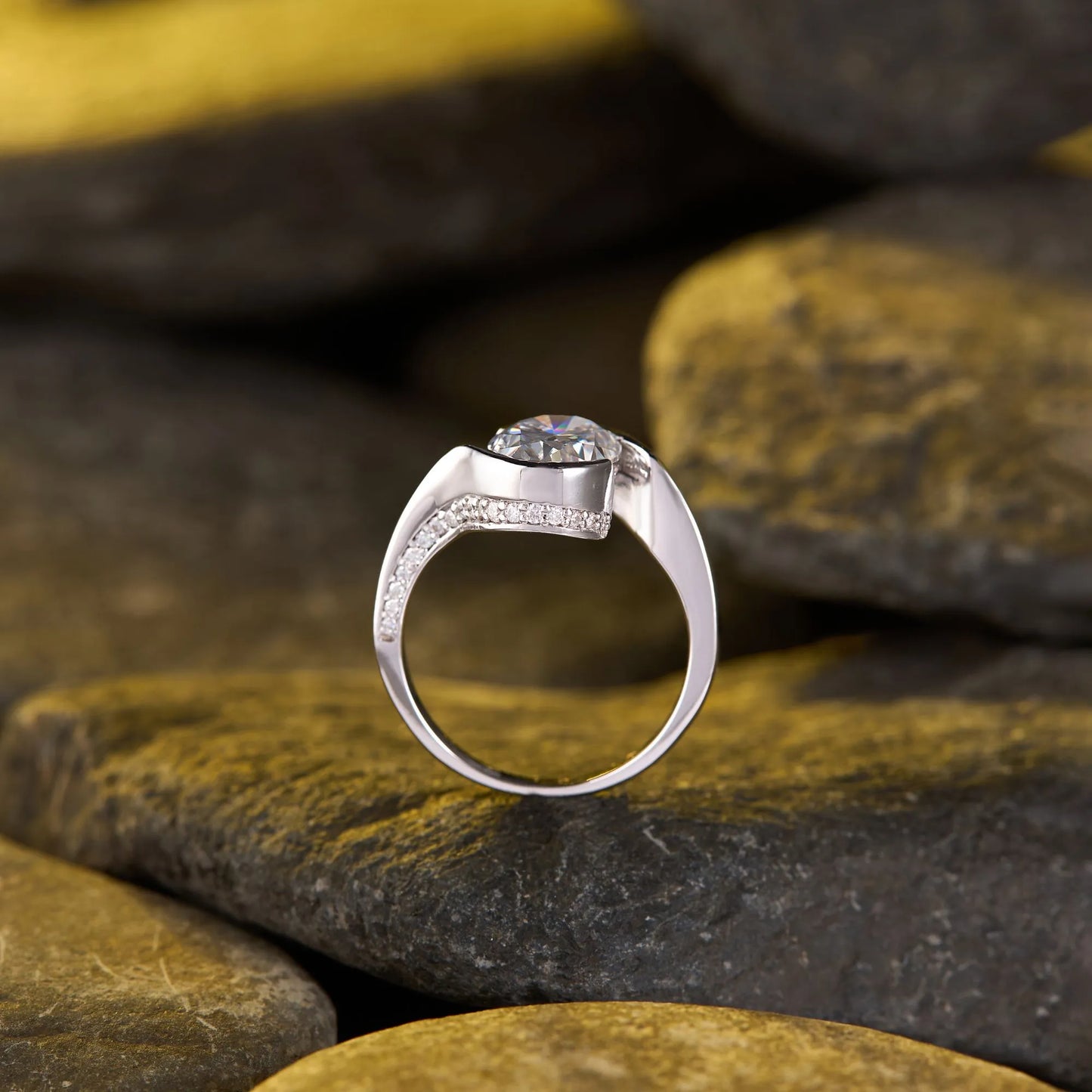 elegant oval cut moissanite diamond bypass solitaire engagement ring modern bridal design
