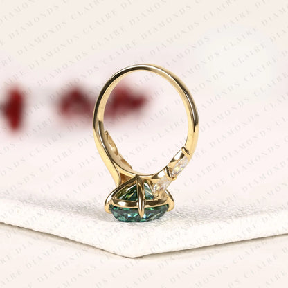 Green Oval Cut Lab Grown Diamond Ring with Marquise Side Stones, Nature Inspired Gold Engagement Ring for Women