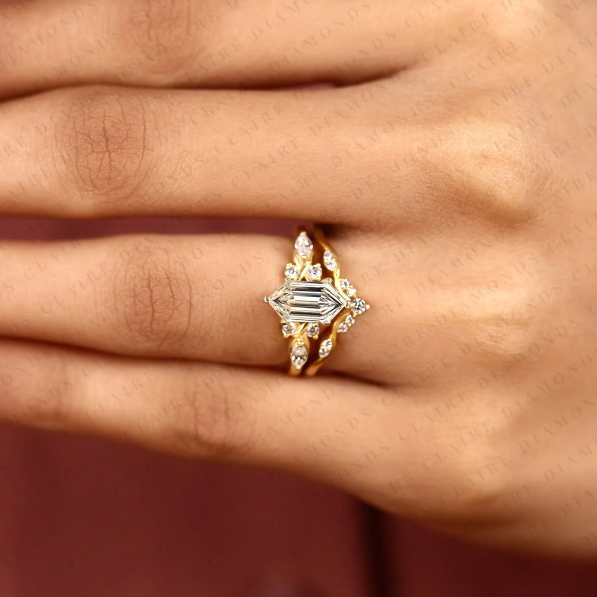 hexagon step cut lab grown diamond engagement ring | yellow gold botanical vine band | floral bridal ring set | unique wedding jewelry