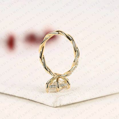 Vintage-Inspired Marquise Cut Lab Grown Diamond Engagement Ring in Gold – Twisted Pavé Band Solitaire Ring