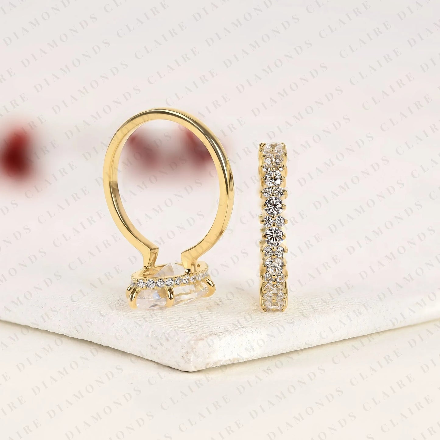 marquise cut lab grwon diamond engagement ring set with eternity wedding band in 14k yellow gold
