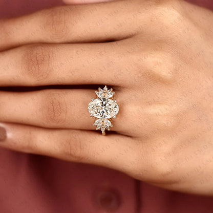 Oval Cut Lab Grown Diamond Engagement Ring | Floral Cluster Side Stone Ring | Yellow Gold Nature Inspired Bridal Jewelry | Elegant Statement Wedding Ring