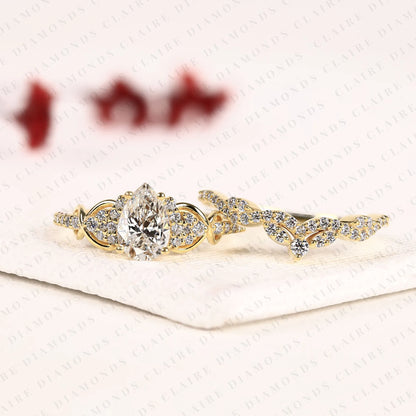 Pear Cut Moissanite Diamond Bridal Ring Set | Nature-Inspired Twisted Leaf Yellow Gold Engagement Ring