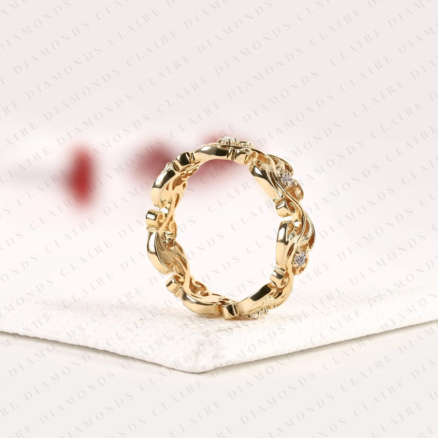 0.26 tcw nature inspired round cut lab grown diamond eternity band, floral scroll diamond wedding ring, yellow gold botanical anniversary ring
