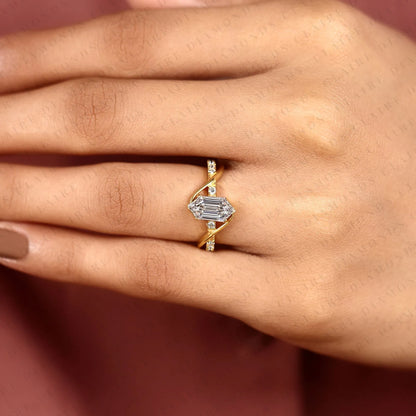 Hexagon Step Cut Lab Grown Diamond Engagement Ring | Yellow Gold Bypass Split Shank Pavé Ring | Modern Geometric Bridal Jewelry | Unique Statement Ring