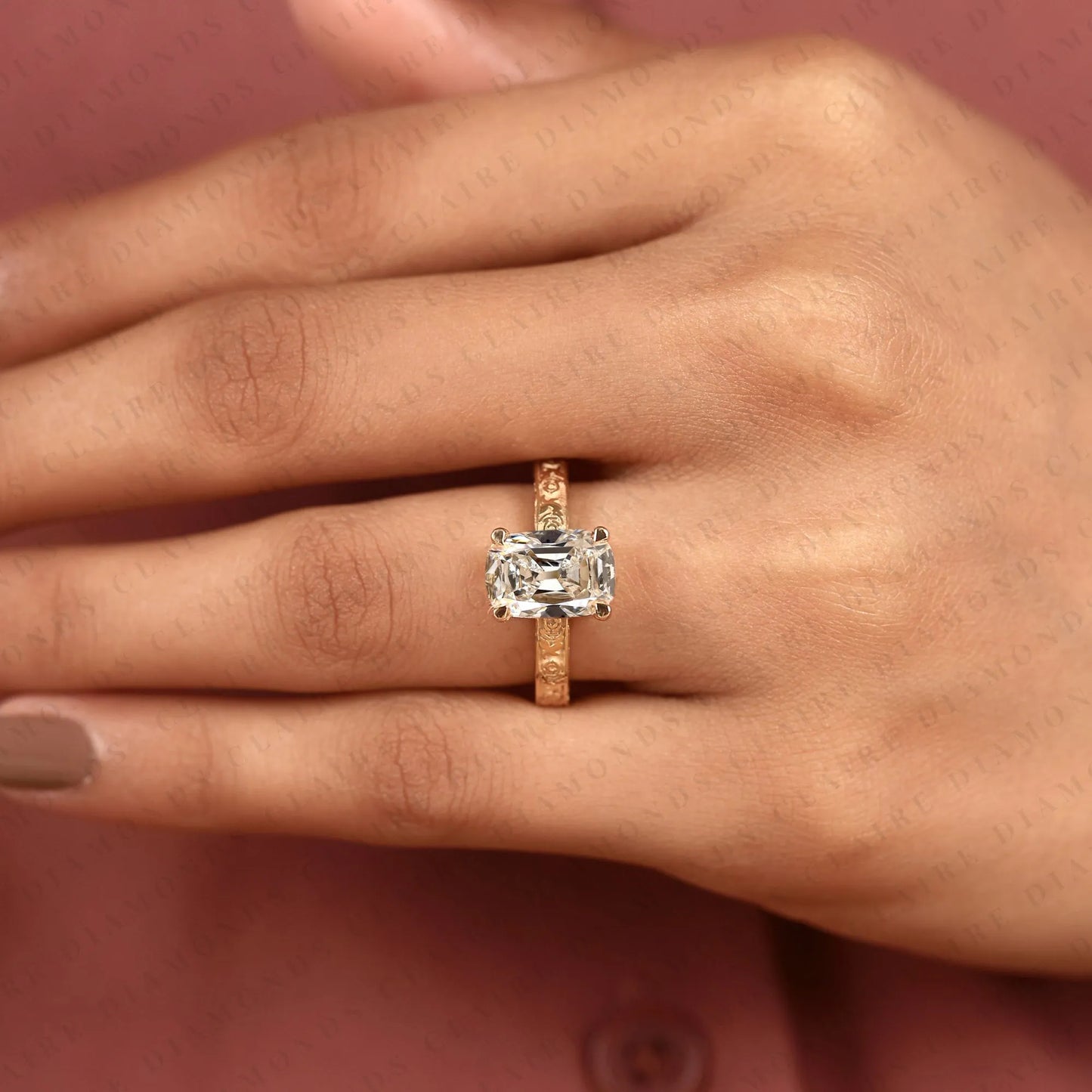 vintage old mine cushion cut solitaire lab grown diamond ring | floral engraved yellow gold engagement ring