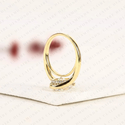 Pear Shape Lab Grown Diamond Hidden Halo Solitaire Ring with Contemporary Twist Setting