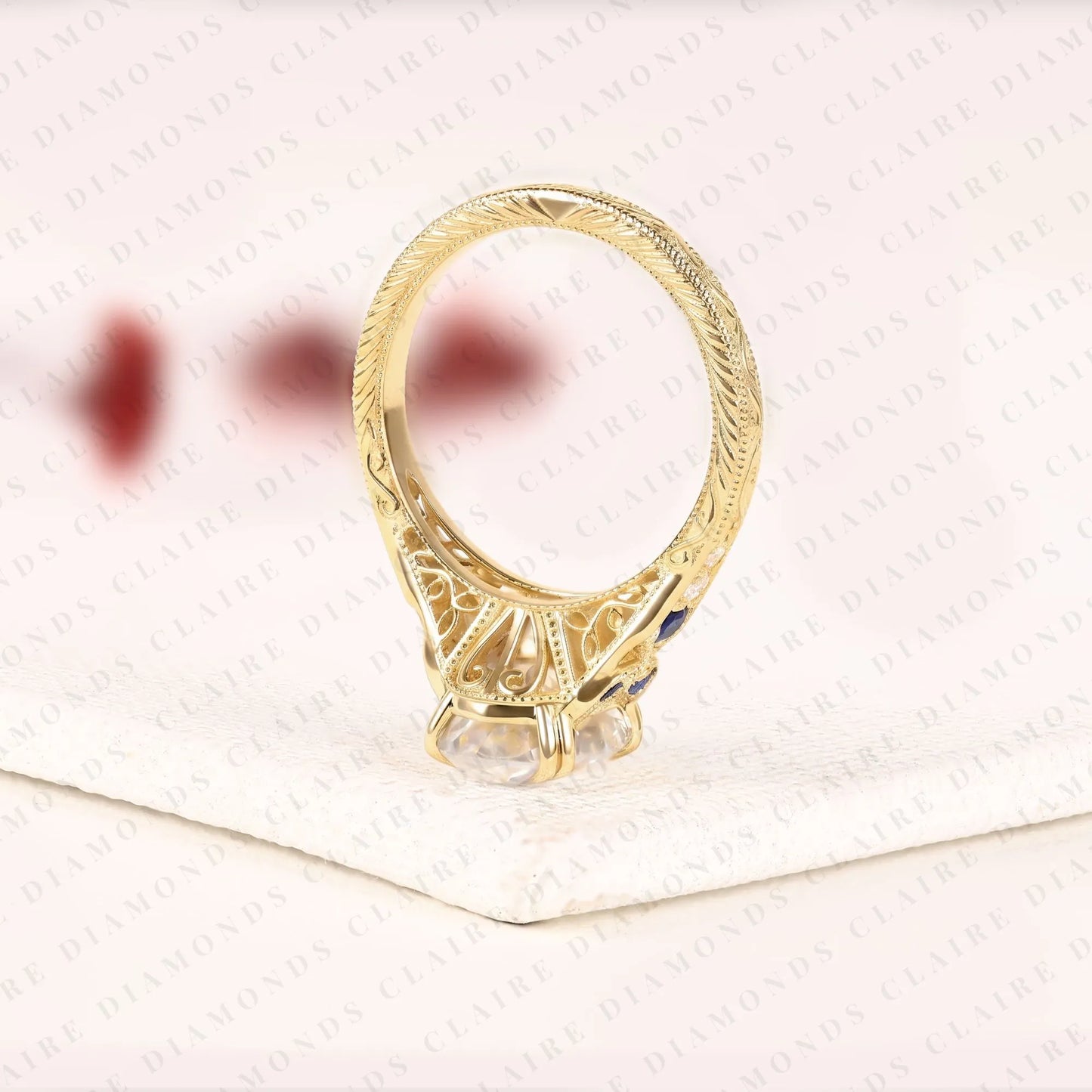 oval cut lab grown diamond engagement ring | vintage art deco sapphire & diamond yellow gold ring