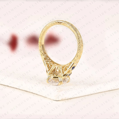Oval Cut Lab Grown Diamond Engagement Ring | Vintage Art Deco Sapphire & Diamond Yellow Gold Ring
