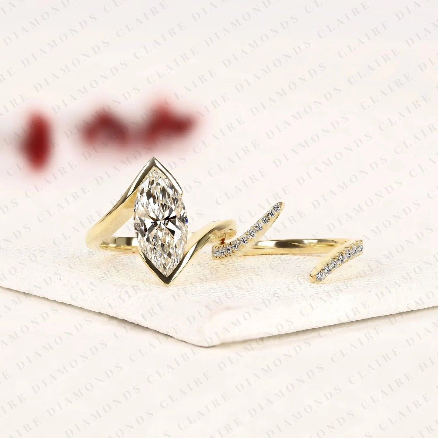 marquise lab grown diamond bypass ring bezel ring modern twisted pave bridal ring set