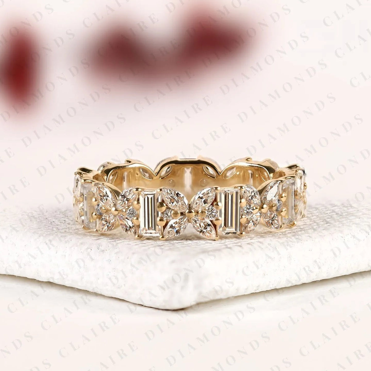 2.76 tcw mixed shape lab grown diamond eternity band | emerald cut, marquise & round diamond floral band | yellow gold full eternity wedding band