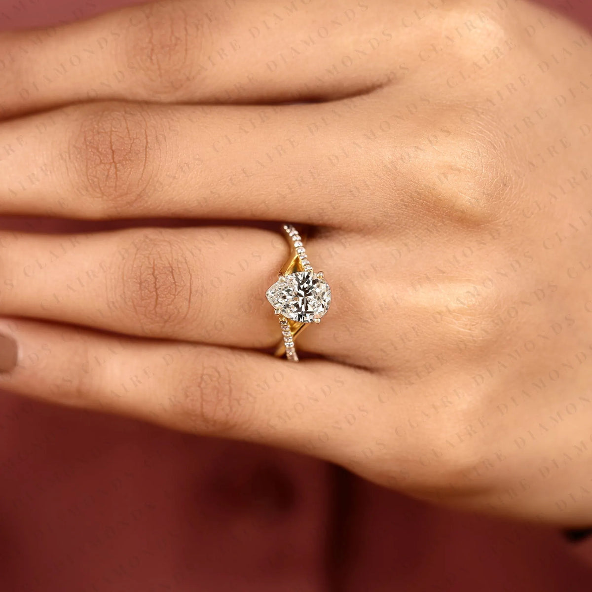 pear cut lab grown diamond engagement ring | yellow gold split shank pavé ring | modern elegant bridal jewelry | unique solitaire engagement ring