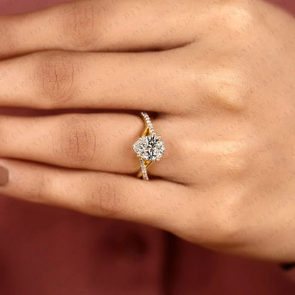 Pear Cut Lab Grown Diamond Engagement Ring | Yellow Gold Split Shank Pavé Ring | Modern Elegant Bridal Jewelry | Unique Solitaire Engagement Ring