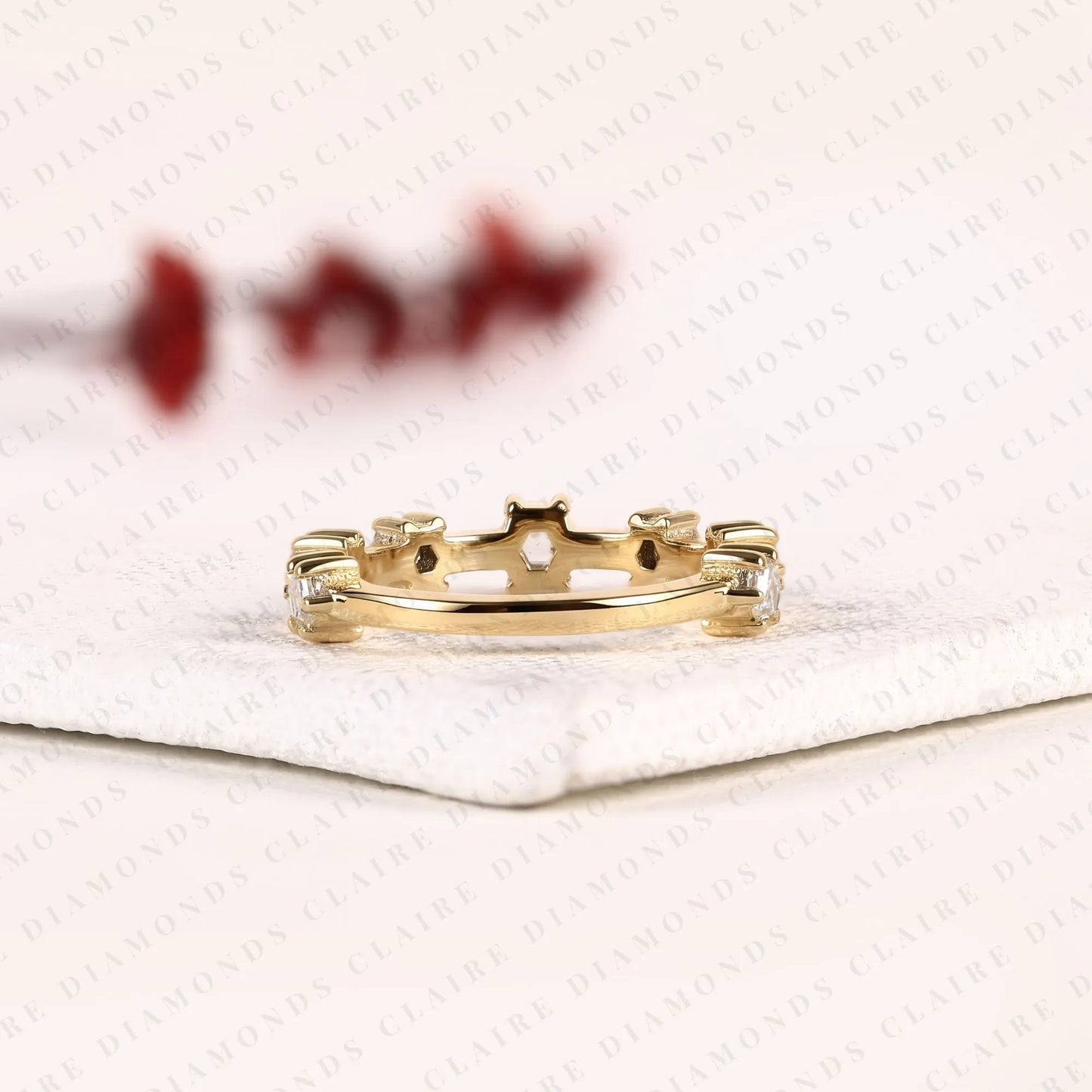 0.61 tcw octagon cut moissanite ring with round accent stones in solid gold | modern open band for women