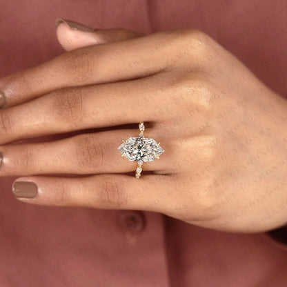 Unique Dutch Marquise Moissanite Diamond Hidden Halo Engagement Ring | Yellow Gold Botanical Leaf Four-Prong Setting