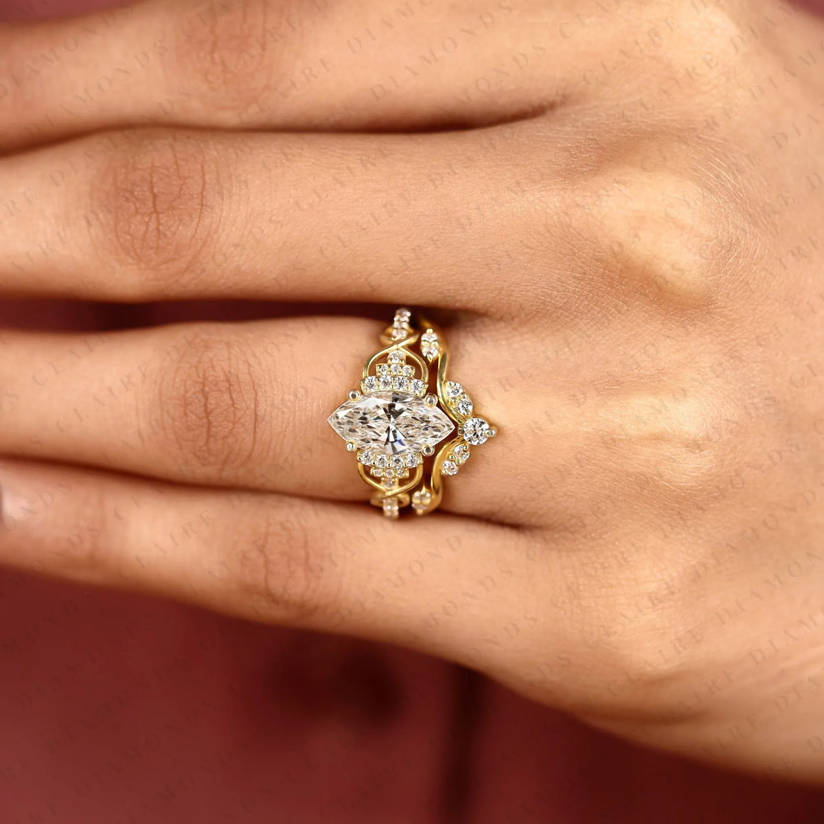 marquise cut lab grown diamond engagement ring | nature inspired floral vine gold ring | pavé bridal ring with matching wedding band