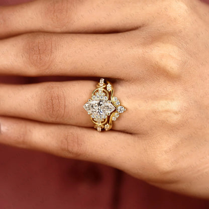 Marquise Cut Lab Grown Diamond Engagement Ring | Nature Inspired Floral Vine Gold Ring | Pavé Bridal Ring with Matching Wedding Band