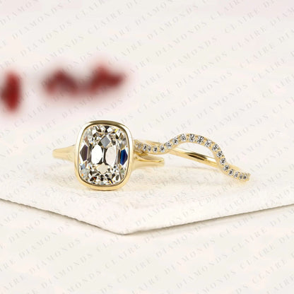 Elongated Cushion Cut Lab Grown Diamond Engagement Ring Old Mine Cut Bezel Set Bridal Ring Wedding Set for Women