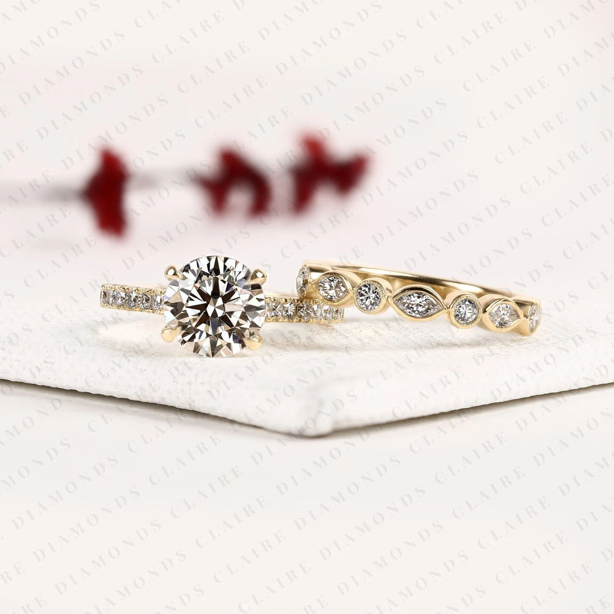 round cut moissanite diamond engagement ring set | yellow gold bezel accent wedding band | modern two-tone bridal ring set