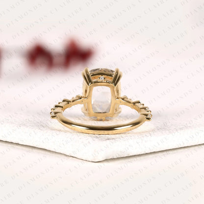 Cushion Rose Cut Lab Grown Diamond Engagement Ring | Yellow Gold Beaded Vine Band with Four-Prong Setting