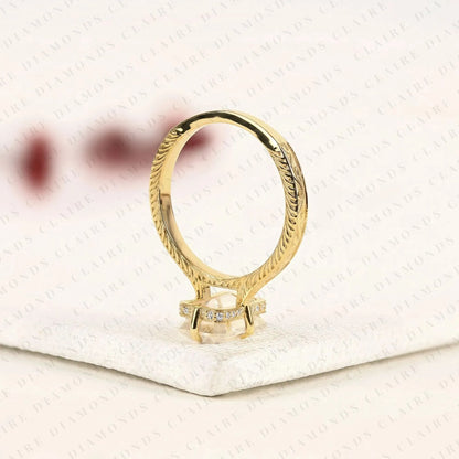 Emerald Cut Moissanite Diamond Engagement Ring, Vintage Engraved Gold Solitaire Ring, Unique Bridal Ring