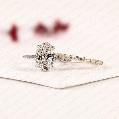 Oval Cut Lab Grown Diamond Engagement Ring Set | Yellow Gold Pavé Wedding Band | Two-Tone Bridal Ring Set