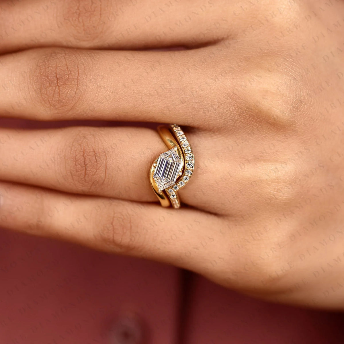 east-west hexagon cut lab grown diamond engagement ring | yellow gold bypass pavé band | geometric modern bridal ring set | unique statement jewelry