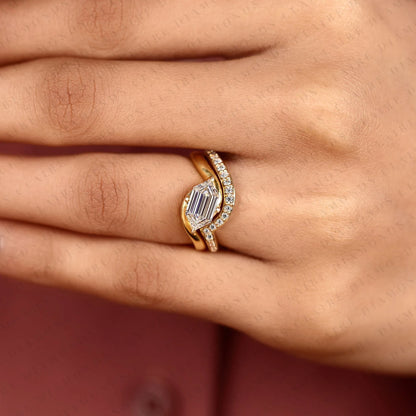 East-West Hexagon Cut Lab Grown Diamond Engagement Ring | Yellow Gold Bypass Pavé Band | Geometric Modern Bridal Ring Set | Unique Statement Jewelry
