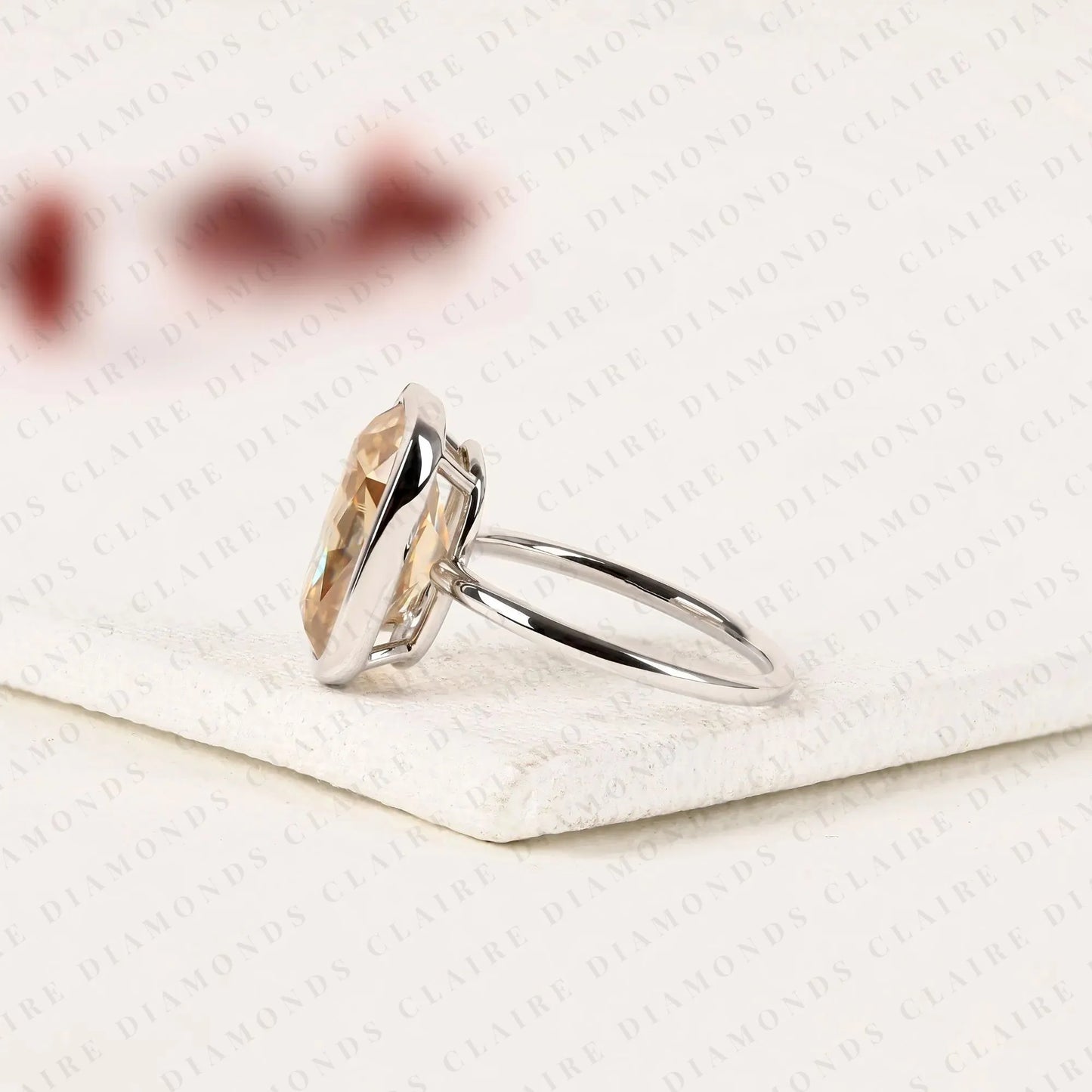 old mine elongated brown cushion cut bezel set  solitaire lab grown diamonds engagement ring – modern elegance with warm radiance