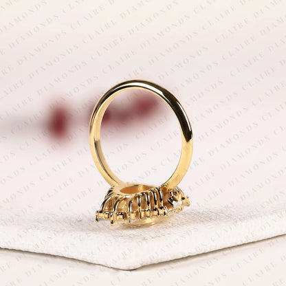 Elongated Cushion Cut Lab Grown Diamond Halo Engagement Ring, Yellow Gold Floral Halo Bridal Ring, Unique Diamond Ring