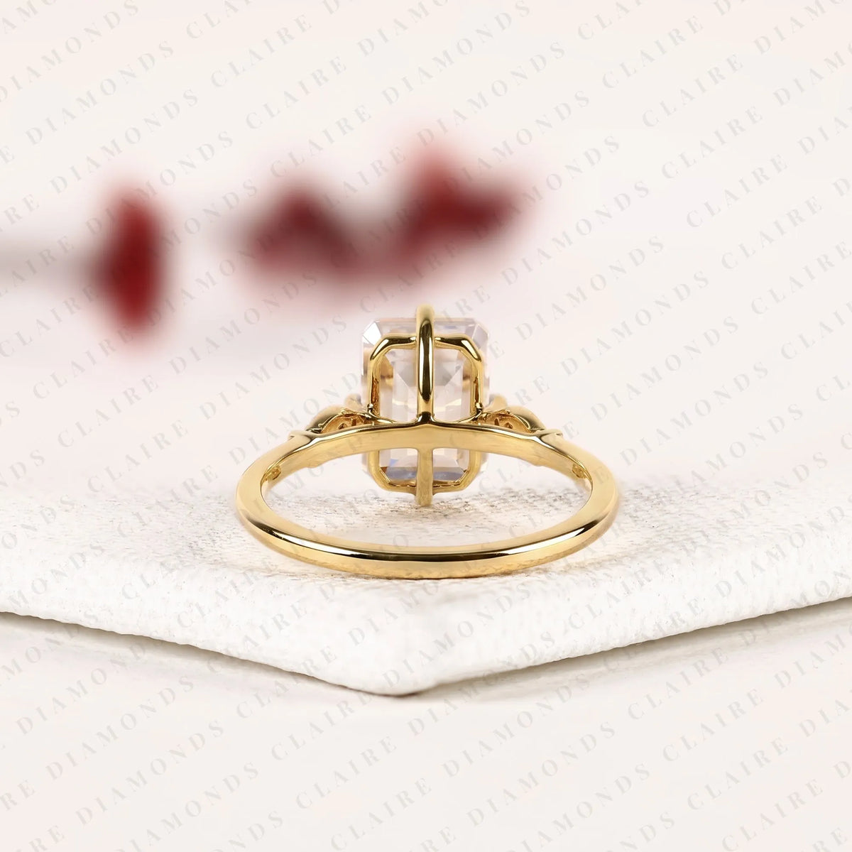 emerald cut lab grown diamond engagement ring, gold solitaire ring with round shaped side accents, modern bridal ring, unique wedding ring