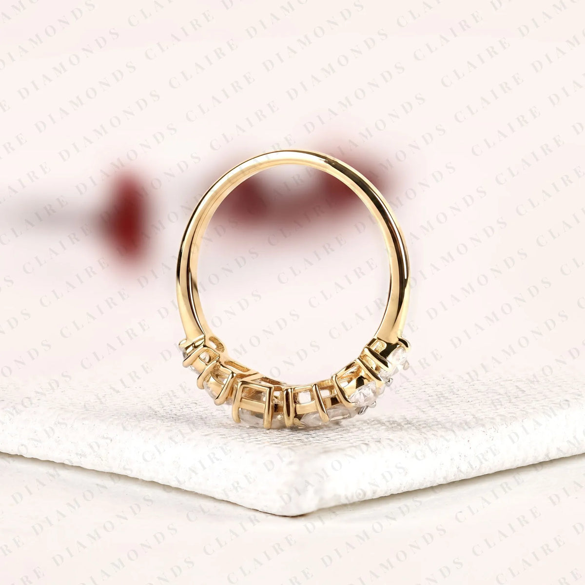 1.45 tcw round, emerald & pear cut lab grown diamond half eternity wedding band | mixed shape diamond statement ring | modern yellow gold bridal jewelry