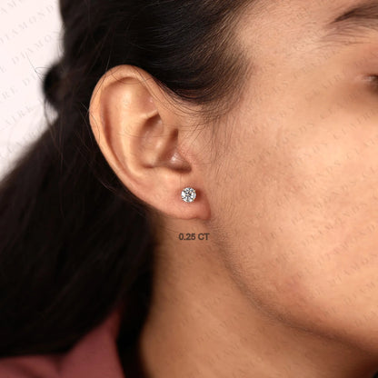 Round Cut Lab Grown Diamond Stud Earrings, Classic Four Prong Gold Earrings, Minimalist Diamond Studs, Elegant Bridal Jewelry
