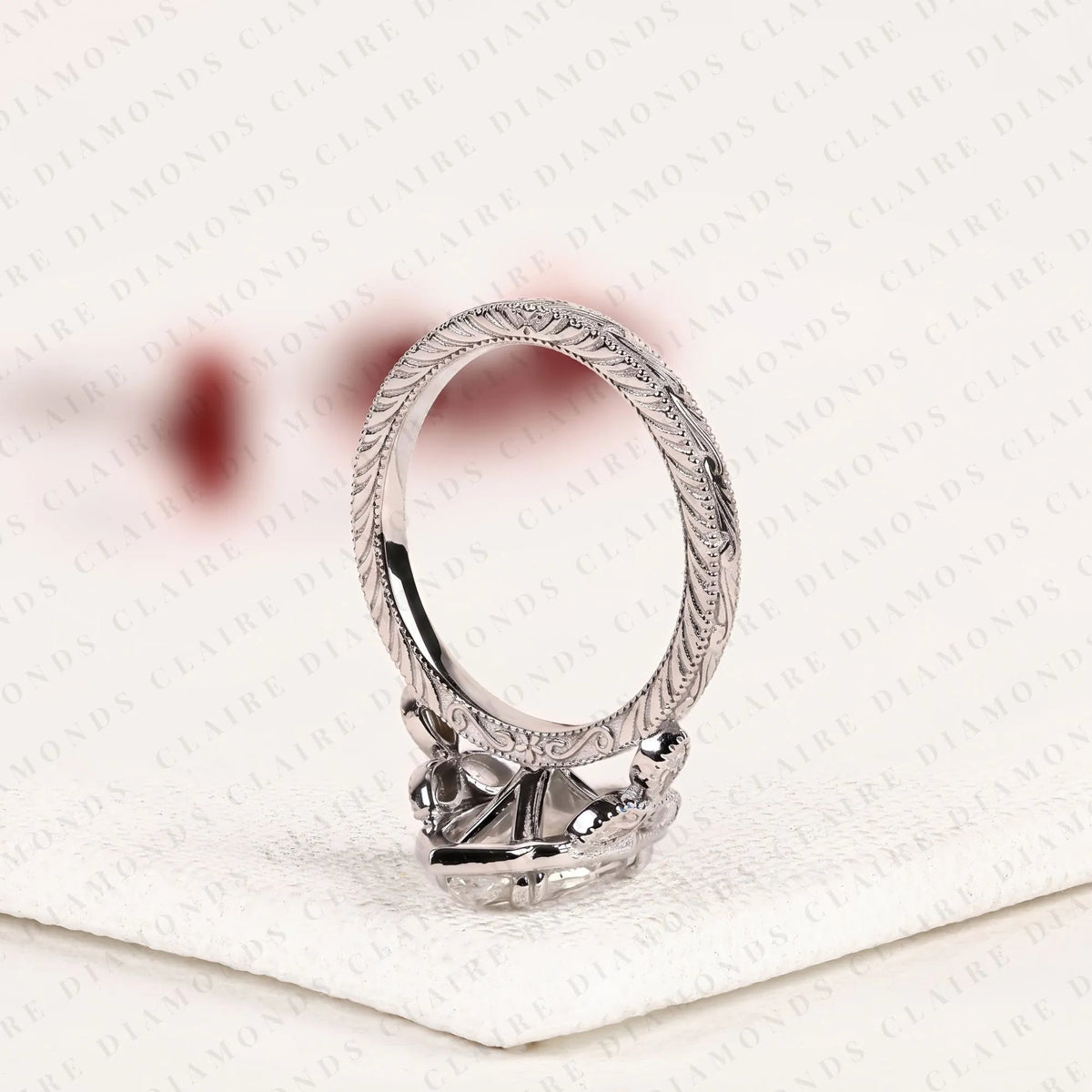 marquise cut lab grown diamond engagement ring | vintage inspired milgrain bezel & engraved white gold ring | floral diamond accent bridal ring