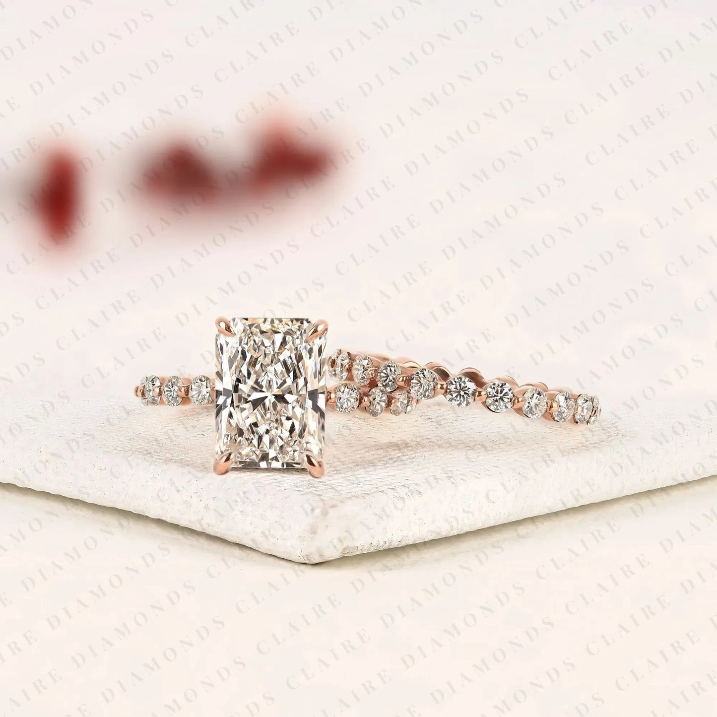 radiant cut moissanite diamond engagement ring set with pave wedding band in rose gold | elegant bridal ring set for women