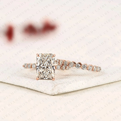 Radiant Cut Moissanite Diamond Engagement Ring Set with Pave Wedding Band in Rose Gold | Elegant Bridal Ring Set for Women