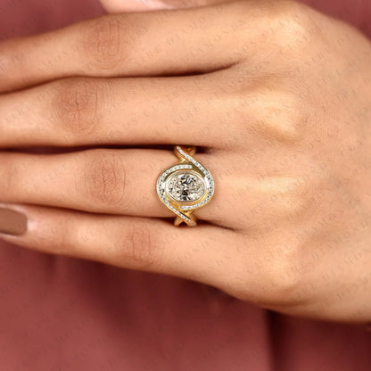 Oval Cut Lab Grown Diamond Engagement Ring | Pavé Bezel Halo Yellow Gold Bypass Ring | Twisted Split Shank Bridal Jewelry | Modern Statement Ring