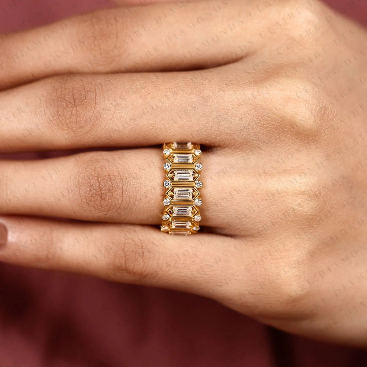 emerald cut lab grown diamond eternity band | vintage-inspired geometric gold wedding band | eternity anniversary band