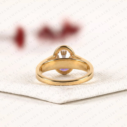 Oval Cut Moissanite Diamond Engagement Ring | Bezel Set Gold Ring with Trillion Side Stones | Modern Luxury Bridal Ring