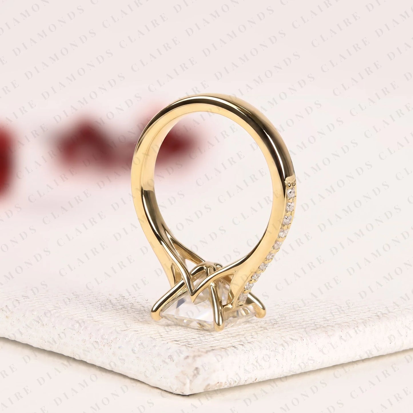 princess cut lab grown diamond engagement ring | classic yellow gold ring pave band