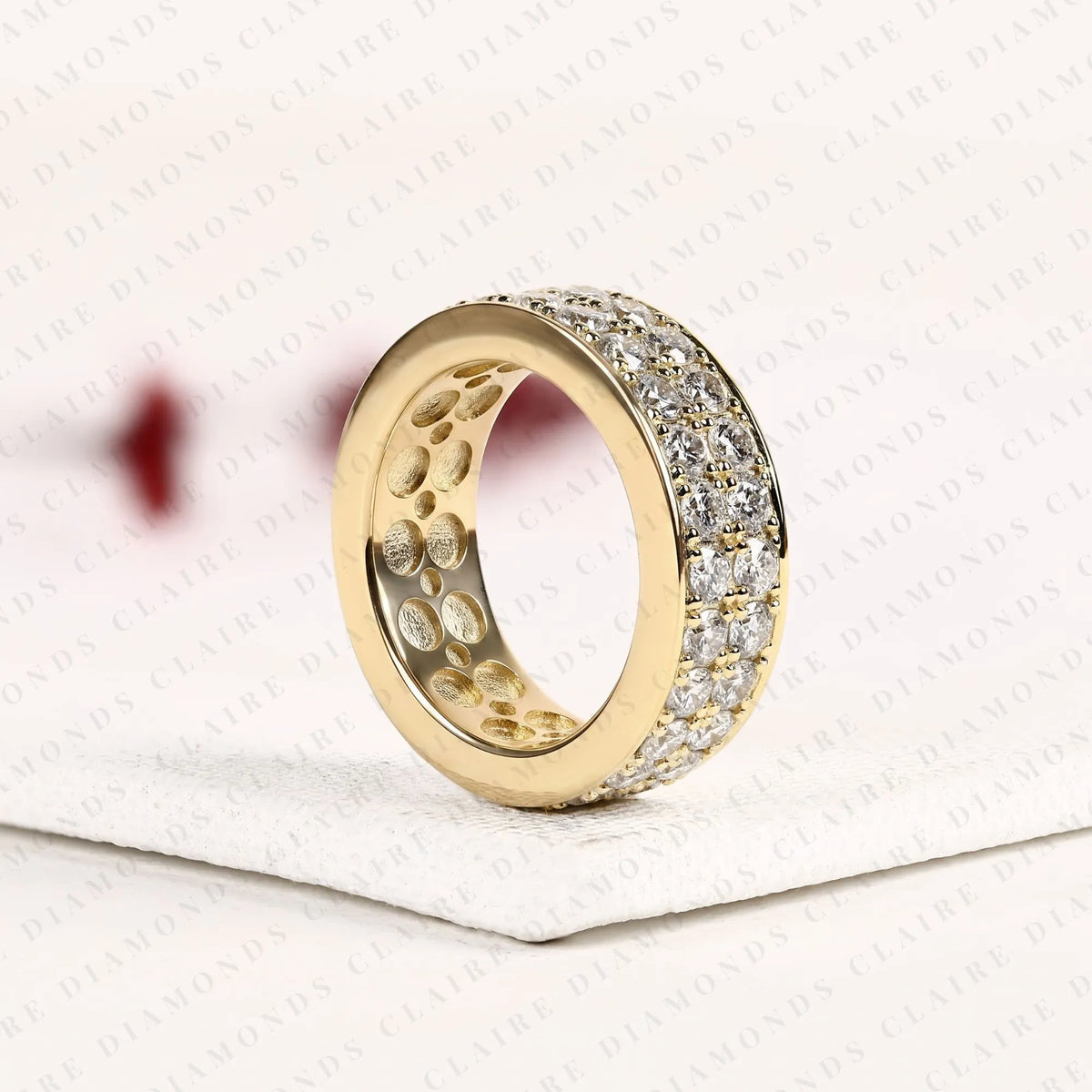 round cut lab grown diamond eternity wedding band | double row pave diamond wedding ring | yellow gold full eternity anniversary band | luxury jewelry