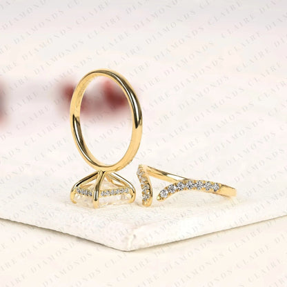 Radiant Cut Lab Grown Diamond Bridal Ring Set | Matching Chevron Wedding Band Engagement Ring