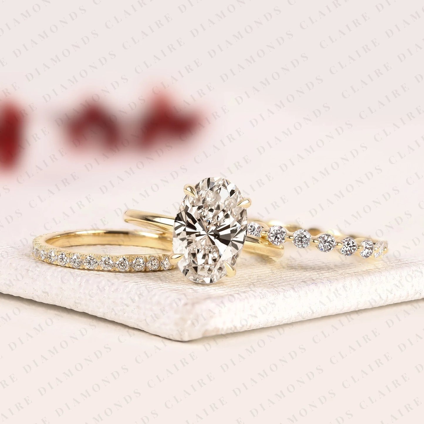 oval lab grown diamond engagement ring set with diamond eternity & bubble band in yellow gold