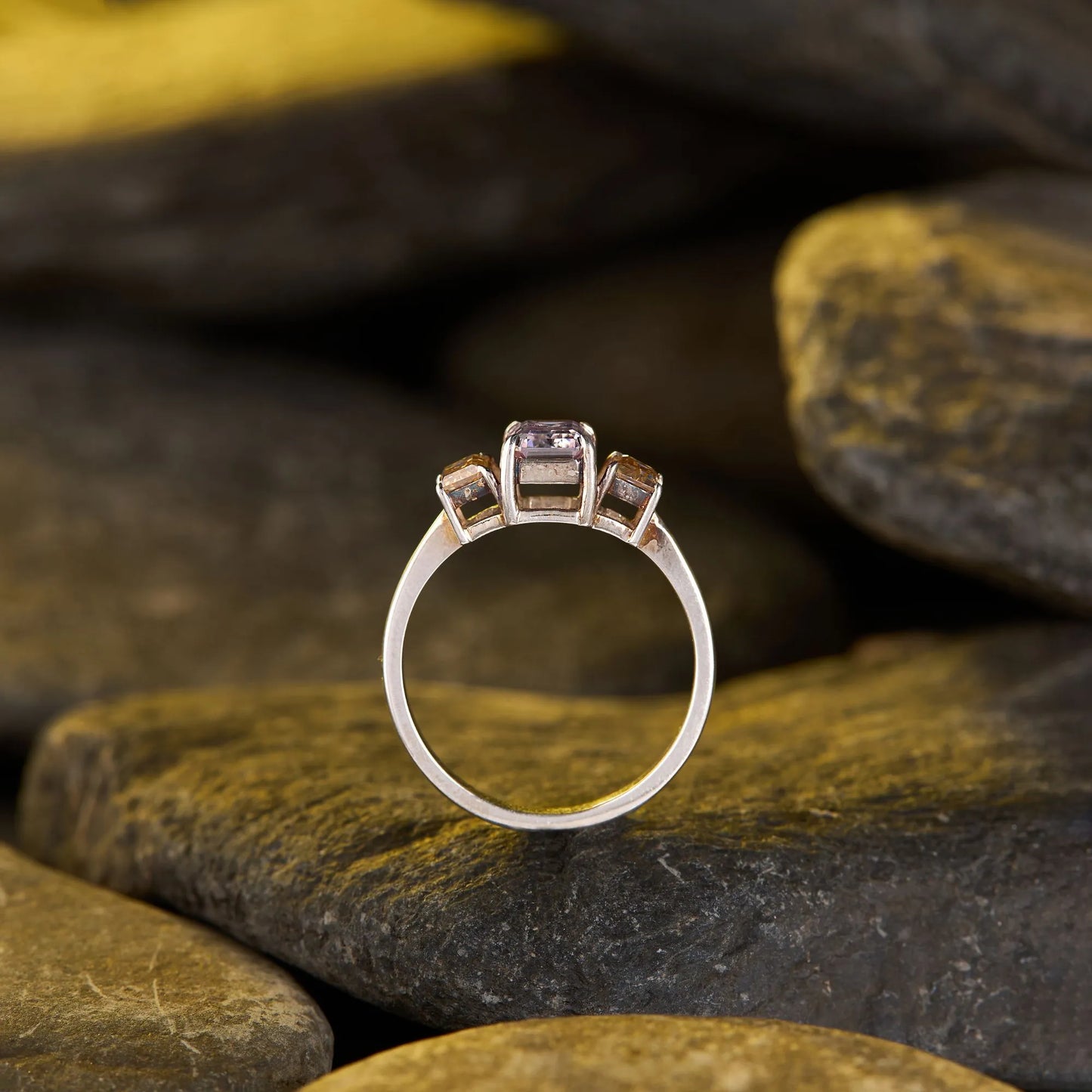 elegant emerald cut pink & champagne yellow moissanite diamond three stone engagement ring in gold