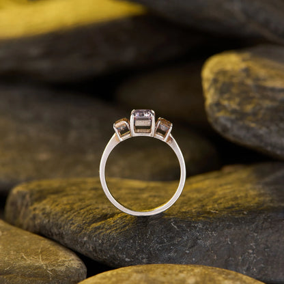 Elegant Emerald Cut Pink & Champagne Yellow Moissanite Diamond Three Stone Engagement Ring in Gold